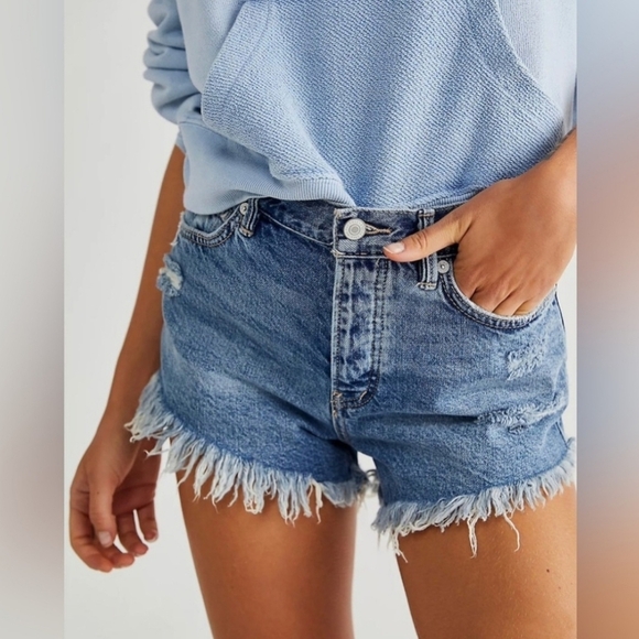 Free People Loving Good Vibrations Distressed Jean Cut Off Shorts Button Fly
